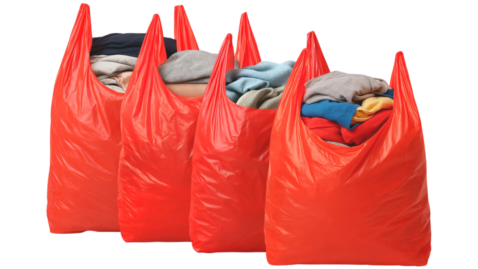 Four red plastic bags full of clothes